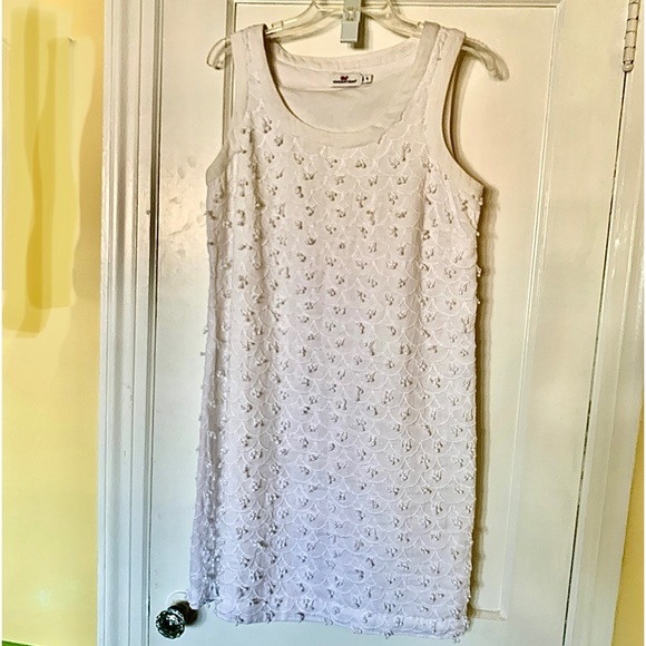Linen Vineyard Vines Mini.Dress White Scallop Embroidered Shift Nautical in Sz 8 - Picture 3 of 16